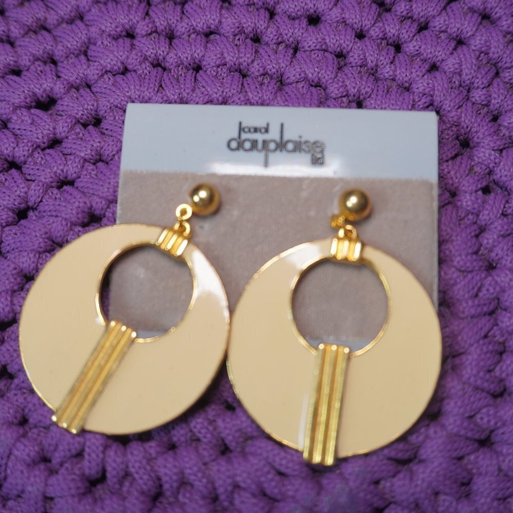 Vintage Womens Gold And Beige Round Circular With Stud Dangle Metal Earrings